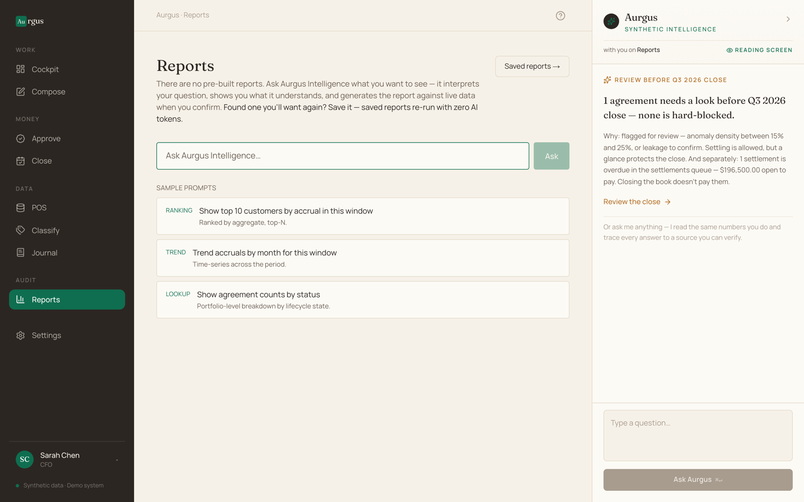 Aurgus Reports surface — every number queryable to its source on synthetic data